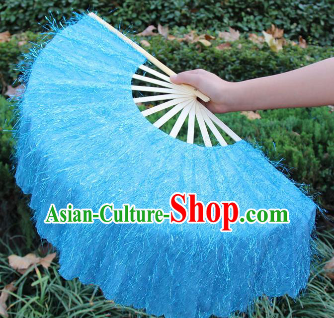 Chinese Handmade Folk Dance Blue Folding Fans Yangko Dance Classical Dance Fans for Women
