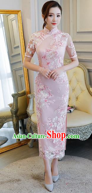 Chinese Traditional Elegant Cheongsam Embroidery Pink Qipao Dress National Costume for Women