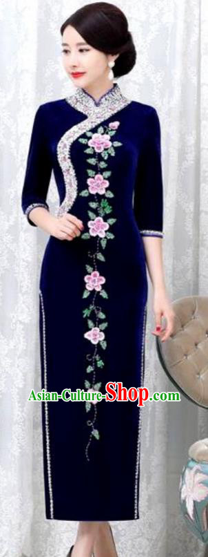 Chinese Traditional Elegant Blue Velvet Cheongsam Embroidery Qipao Dress National Costume for Women