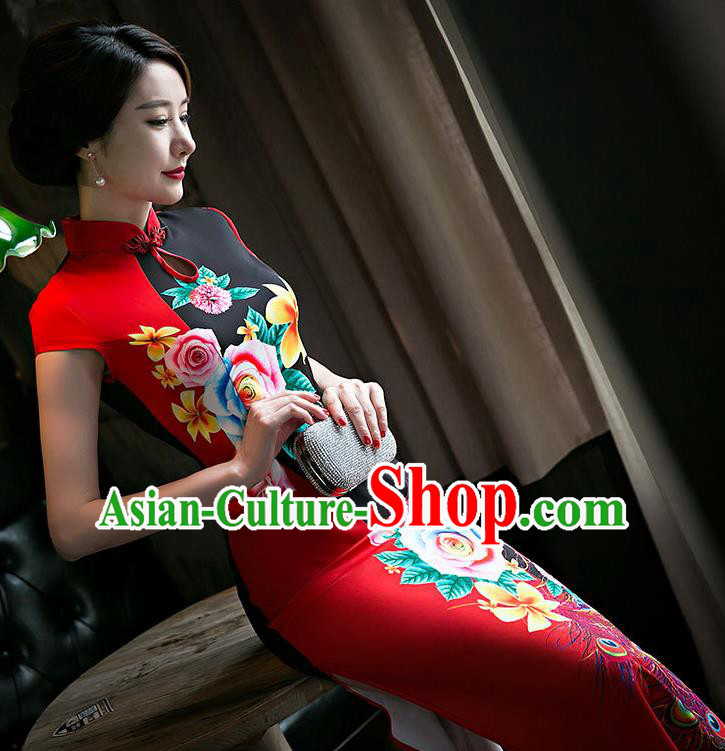 Chinese Traditional Elegant Wedding Cheongsam National Costume Red Silk Qipao Dress for Women