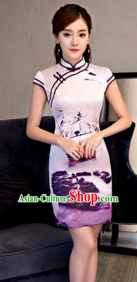 Chinese Traditional Elegant Printing Cheongsam National Costume Qipao Dress for Women