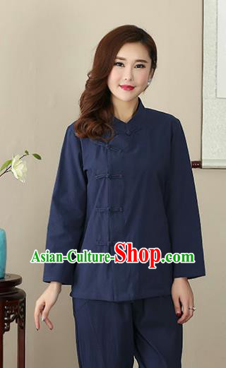Chinese Traditional National Costume Navy Linen Blouse Tang Suit Qipao Short Shirts for Women