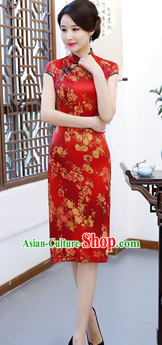 Chinese Traditional Elegant Red Silk Cheongsam National Costume Wedding Qipao Dress for Women