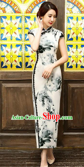 Chinese Traditional Elegant Ink Painting Silk Cheongsam National Costume Long Qipao Dress for Women