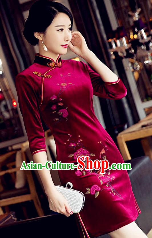 Top Grade Chinese National Costume Elegant Red Velvet Cheongsam Tang Suit Qipao Dress for Women