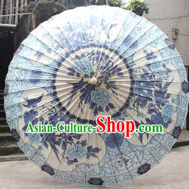 Chinese Traditional Artware Paper Umbrella Folk Dance Painting Peony Blue Oil-paper Umbrella Handmade Umbrella