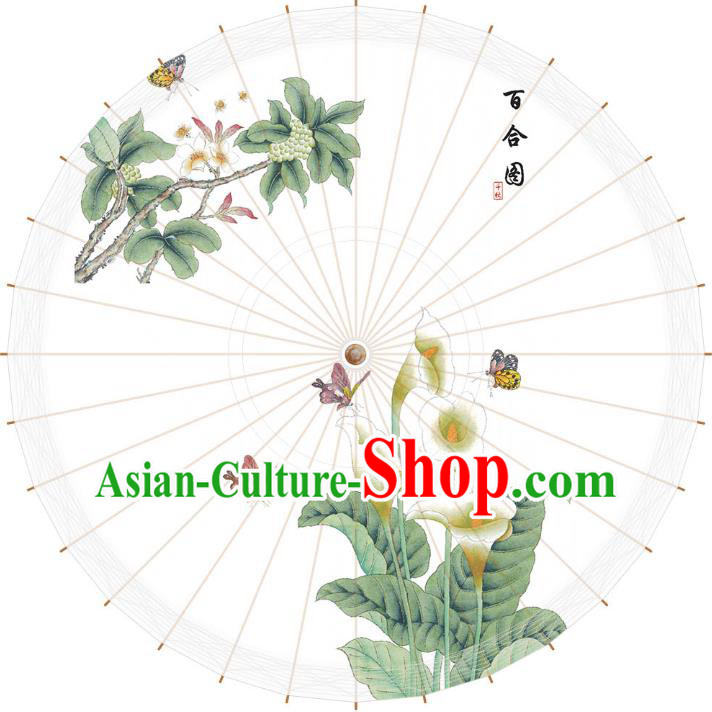 Chinese Traditional Artware Paper Umbrella Printing Greenish Lily Flower Oil-paper Umbrella Handmade Umbrella