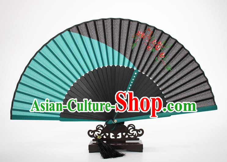 Chinese Traditional Artware Handmade Folding Fans Green Silk Fans Printing Flowers Accordion
