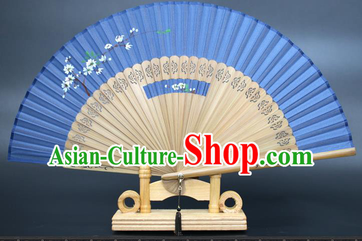 Chinese Traditional Artware Handmade Folding Fans Printing Plum Blossom Blue Silk Fans Accordion