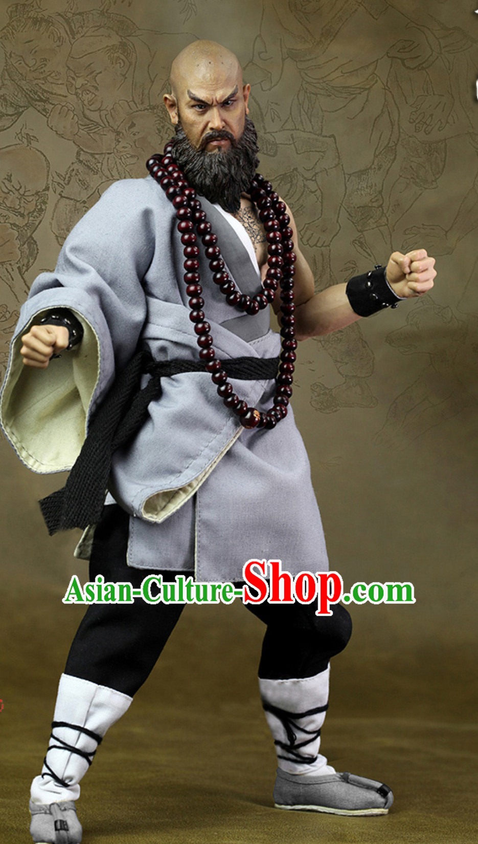 Ancient Chinese Monk Theater and Reenactment Costumes and Necklace Complete Set