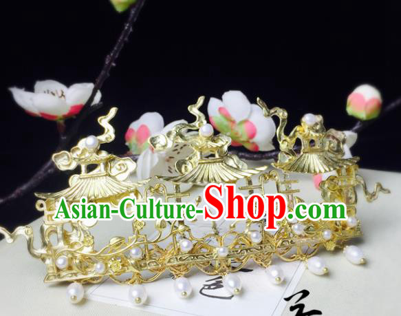 Chinese Handmade Classical Hair Accessories Golden Hair Crown Hairpins Hanfu Hair Stick for Women
