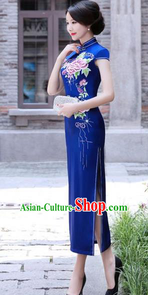 Chinese Traditional Mandarin Silk Qipao Dress National Costume Printing Peony Blue Long Cheongsam for Women