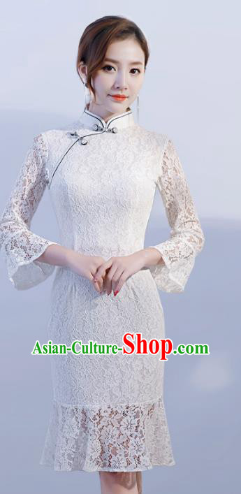 Chinese Traditional Mandarin Qipao Dress National Costume White Lace Cheongsam for Women