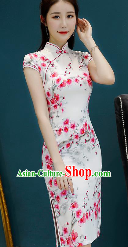 Chinese Traditional Mandarin Qipao Dress National Costume Printing Flowers White Cheongsam for Women