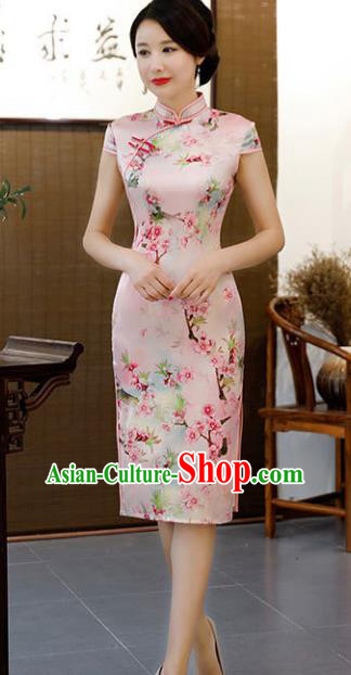 Chinese Traditional Pink Silk Mandarin Qipao Dress National Costume Printing Flowers Short Cheongsam for Women