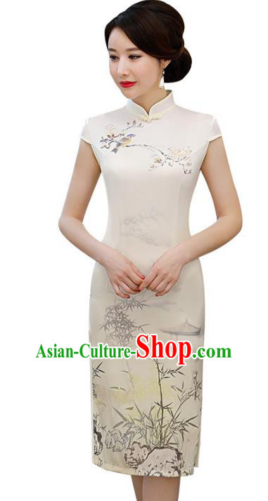 Chinese Traditional Printing Bamboo Mandarin Qipao Dress National Costume Short Cheongsam for Women