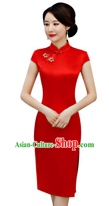 Chinese Traditional Red Silk Mandarin Qipao Dress National Costume Wedding Short Cheongsam for Women