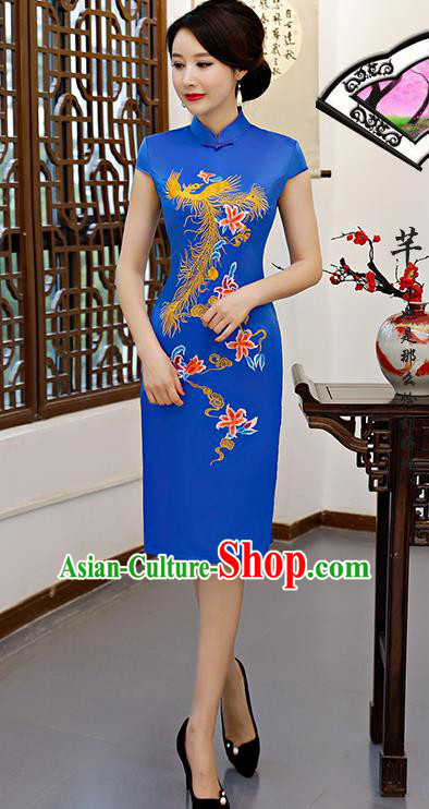 Chinese Traditional Embroidered Phoenix Blue Silk Mandarin Qipao Dress National Costume Wedding Short Cheongsam for Women