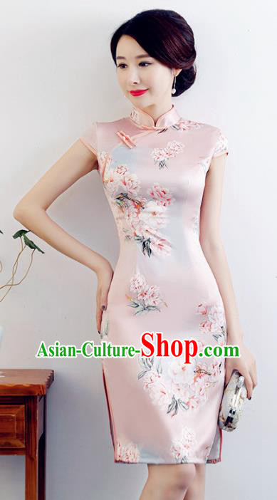 Chinese Traditional Mandarin Qipao Dress National Costume Printing Flowers Pink Silk Cheongsam for Women