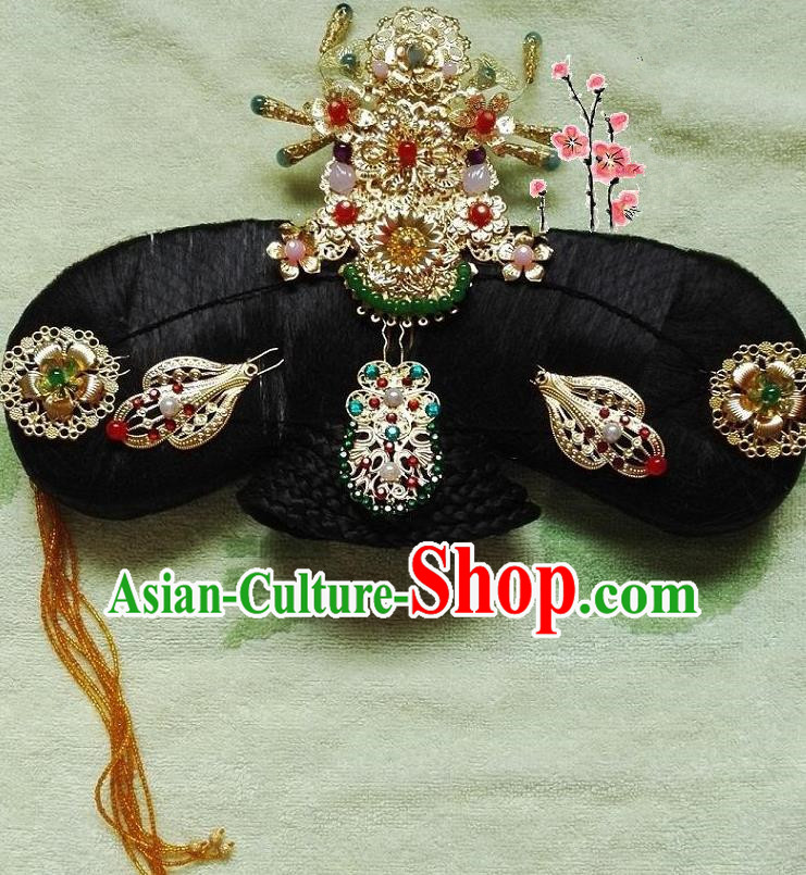 Traditional Chinese Ancient Manchu Palace Lady Hair Accessories Phoenix Coronet Hairpins Complete Set for Women