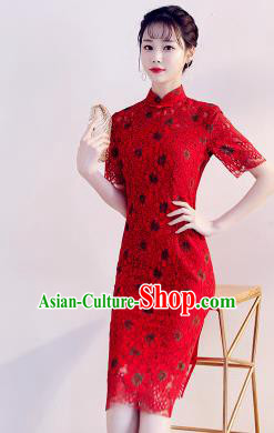 Chinese Traditional Red Lace Mandarin Qipao Dress National Costume Wedding Short Cheongsam for Women