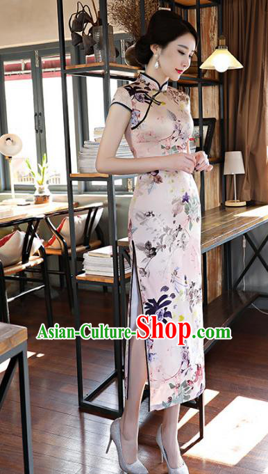 Chinese Traditional Printing Silk Mandarin Qipao Dress National Costume Tang Suit Long Cheongsam for Women