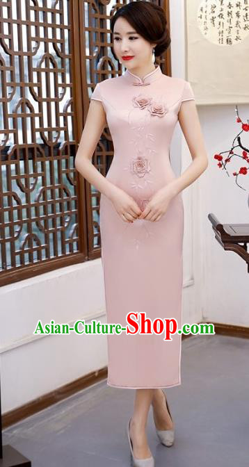 Chinese Traditional Tang Suit Embroidered Qipao Dress National Costume Pink Silk Mandarin Cheongsam for Women
