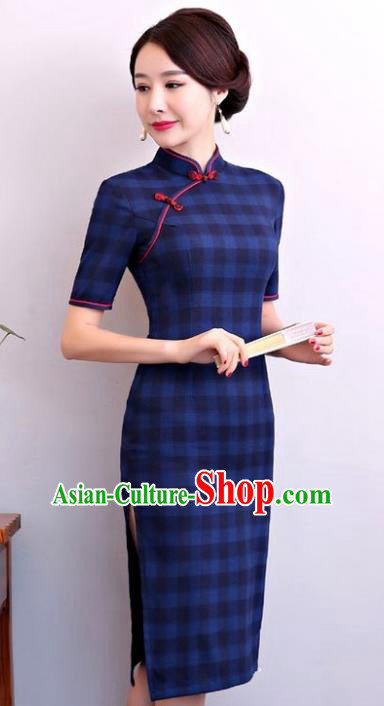 Chinese Traditional Tang Suit Navy Linen Qipao Dress National Costume Mandarin Cheongsam for Women