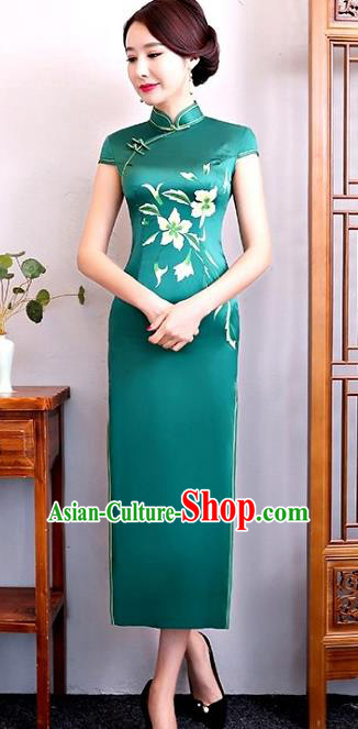 Chinese Traditional Tang Suit Green Silk Qipao Dress National Costume Mandarin Cheongsam for Women