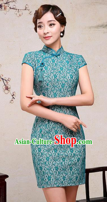 Chinese Traditional Tang Suit Green Short Qipao Dress National Costume Mandarin Cheongsam for Women