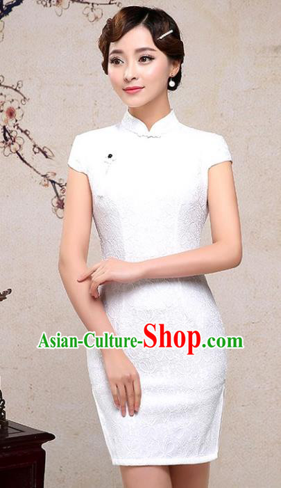 Chinese Traditional Tang Suit White Short Qipao Dress National Costume Mandarin Cheongsam for Women