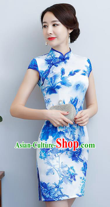 Chinese Traditional Tang Suit Printing Blue Qipao Dress National Costume Silk Mandarin Cheongsam for Women