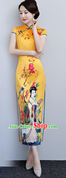 Chinese Traditional Tang Suit Printing Beauty Qipao Dress National Costume Yellow Silk Mandarin Cheongsam for Women