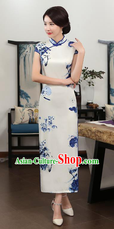Chinese Traditional Tang Suit Printing Qipao Dress National Costume White Silk Mandarin Cheongsam for Women