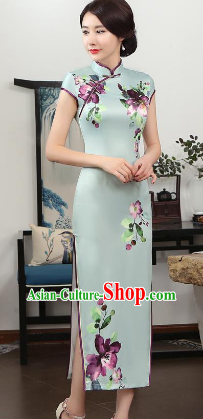 Chinese Traditional Tang Suit Printing Qipao Dress National Costume Green Silk Mandarin Cheongsam for Women