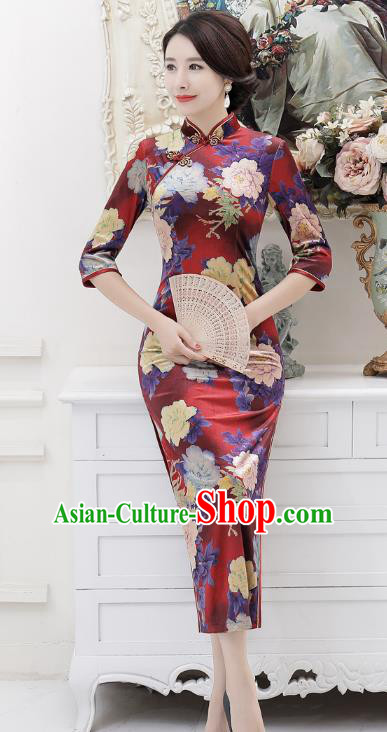 Chinese Traditional Tang Suit Printing Qipao Dress National Costume Retro Long Mandarin Cheongsam for Women