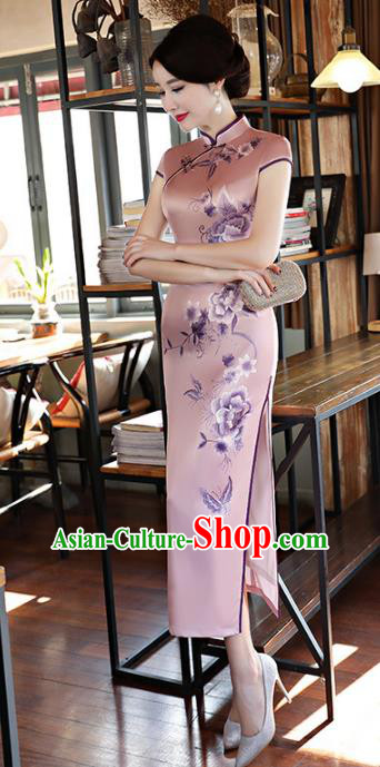 Chinese Traditional Mandarin Qipao Dress National Costume Tang Suit Printing Peony Pink Cheongsam for Women