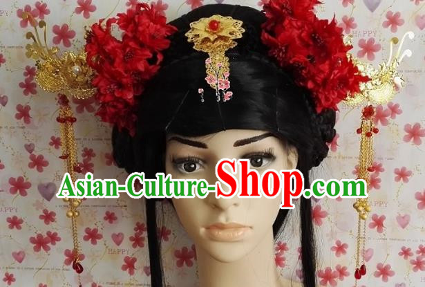 Traditional Chinese Ancient Princess Hair Accessories Red Flowers Hairpins Complete Set for Women