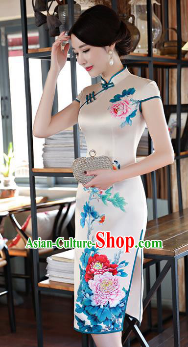 Chinese Traditional Printing Peony Mandarin Qipao Dress National Costume Tang Suit Silk Cheongsam for Women