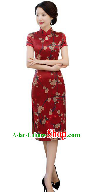 Chinese Traditional Printing Plum Blossom Mandarin Qipao Dress National Costume Tang Suit Cheongsam for Women