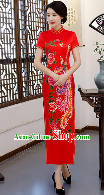 Chinese Traditional Printing Phoenix Peony Mandarin Qipao Dress National Costume Tang Suit Red Cheongsam for Women