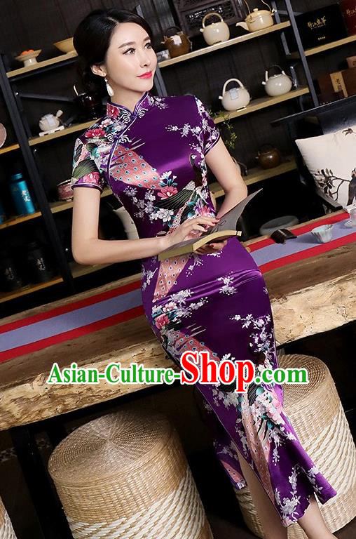 Chinese Traditional Printing Peacock Mandarin Qipao Dress National Costume Tang Suit Purple Cheongsam for Women