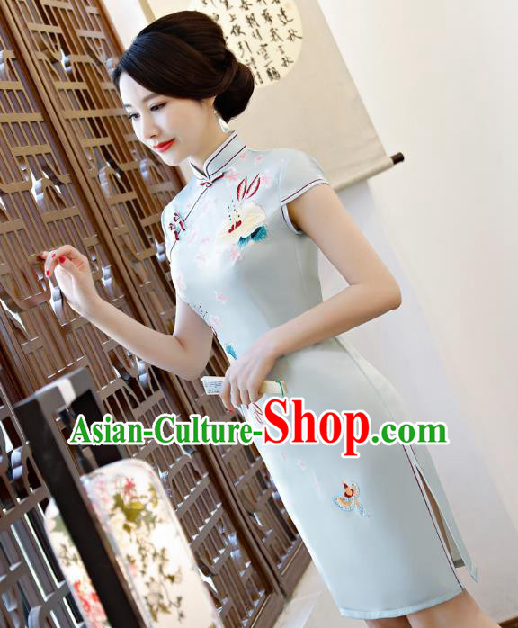 Chinese Traditional Printing Blue Qipao Dress National Costume Tang Suit Mandarin Cheongsam for Women