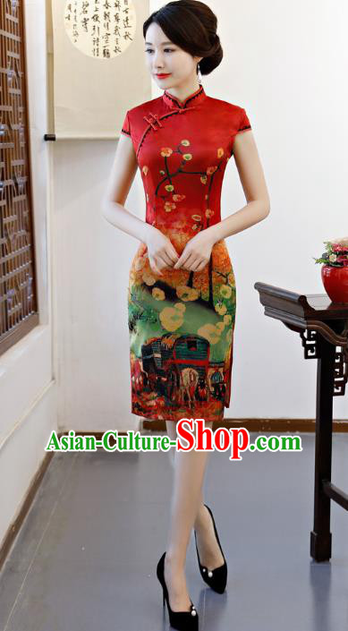 Chinese Traditional Printing Red Qipao Dress National Costume Tang Suit Mandarin Cheongsam for Women