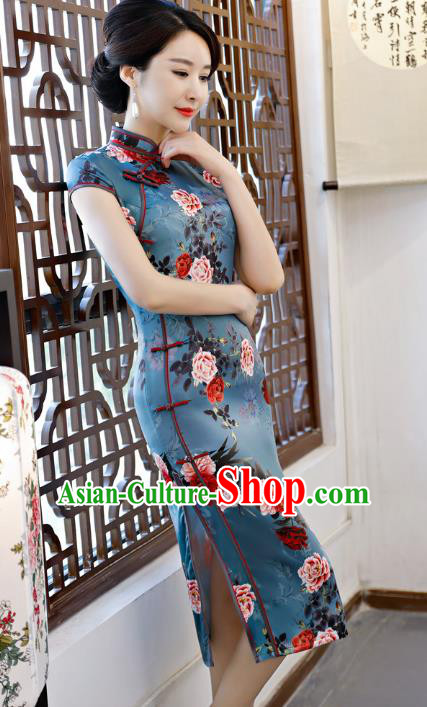Chinese Traditional Printing Peony Blue Qipao Dress National Costume Tang Suit Mandarin Cheongsam for Women