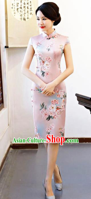 Chinese Traditional Printing Peony Pink Qipao Dress National Costume Tang Suit Mandarin Cheongsam for Women