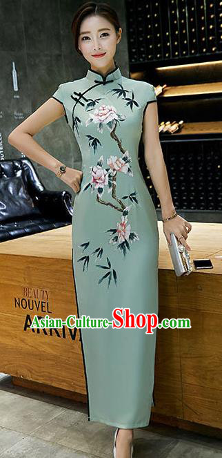 Chinese Traditional Tang Suit Qipao Dress National Costume Printing Green Mandarin Cheongsam for Women