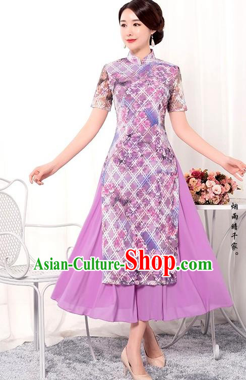 Chinese Traditional Tang Suit Qipao Dress National Costume Printing Purple Mandarin Cheongsam for Women