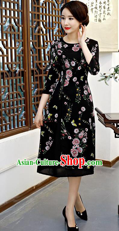 Chinese Traditional Tang Suit Black Qipao Dress National Costume Chiffon Mandarin Cheongsam for Women