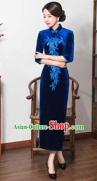 Chinese Traditional Tang Suit Embroidered Qipao Dress National Costume Retro Blue Velvet Mandarin Cheongsam for Women